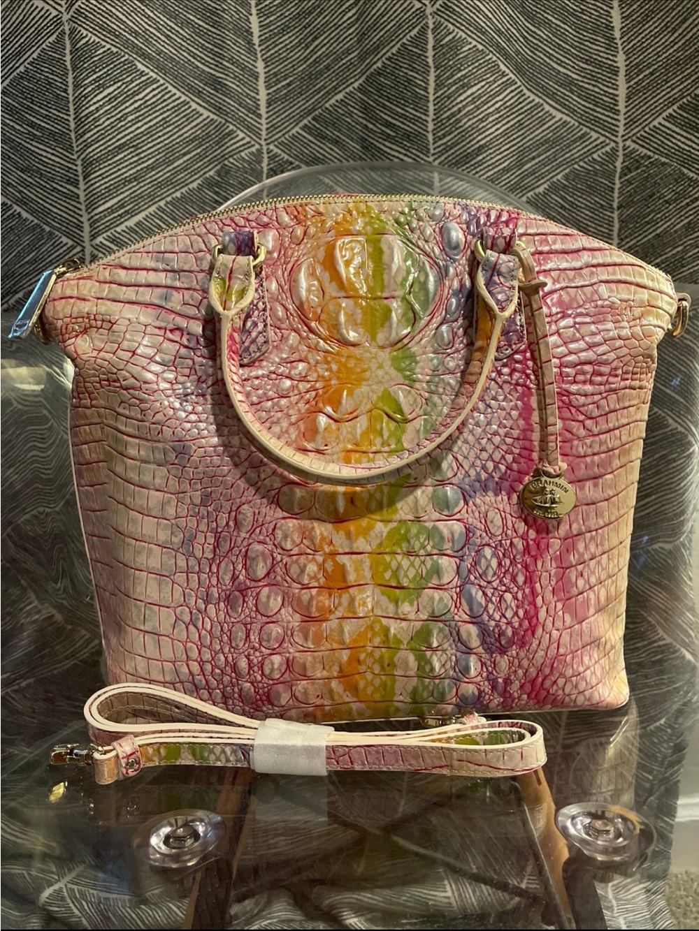 Brahmin Multicolor Croc-Embossed Satchel - Pink, Yellow, Green, Blue - Picture 9 of 9